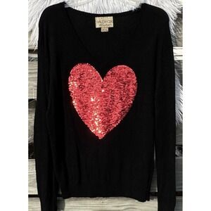 WILDFOX WHITE LABEL Sequin Heart Sweater Women's Small Black V Neck Angora Blend